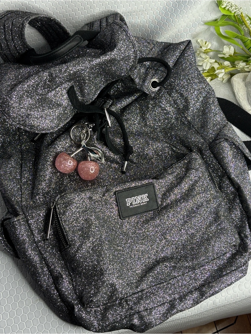 PINK Victoria's Secret Sparkle Black Backpack with Pink Cherry Charm